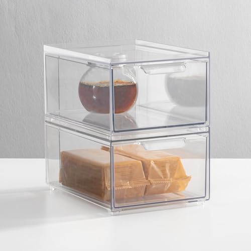 mDesign Stackable Storage Containers Box with Pull-Out Drawer - Stacking Plastic Drawers Bins for Kitchen Pantry and Cupboard, Cabinet, Counter, Island and Tables - Lumiere Collection - 2 Pack - Clear - size: 8 x 6 x 4 (Pack of 2)