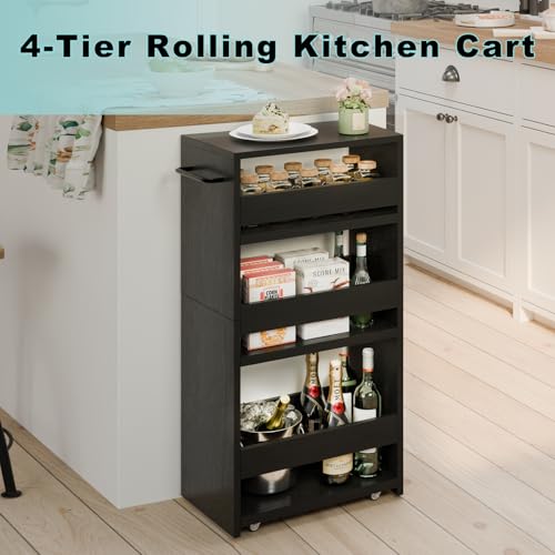 MARTY Slim Rolling Storage Cart, Wood Utility Kitchen Bathroom Laundry Cart - color: All Black, size: 7.9"D x 15.75"W x 31.5"H