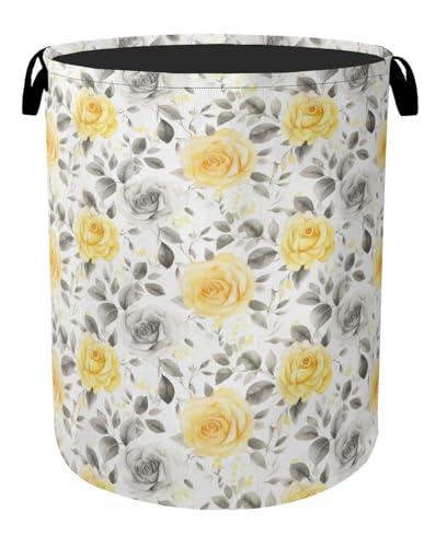 Yellow Gray Flowers Large Clothes Hamper Bag - Laundry Basket with Handles, Space Saving Foldable Design for Nursery - color: Yellow Gray Flowers