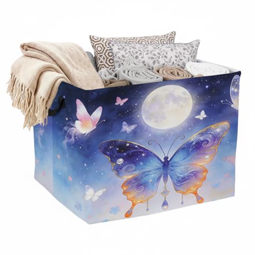 Butterfly Moon Foldable Laundry Basket Hamper with Handles, 56L Large Capacity Toy Storage Organizer, Collapsible Clothes Hamper for Home Decor and Bedroom Organization. - color: Butterfly Moon