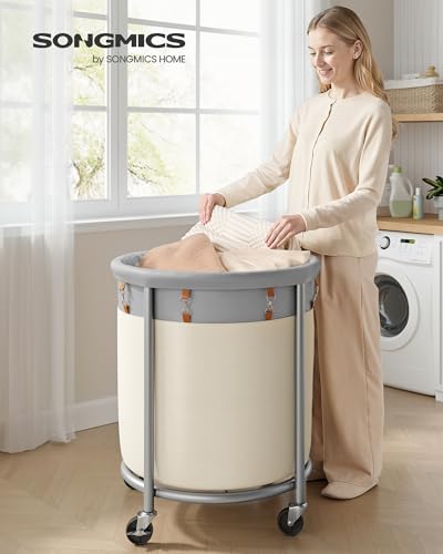 SONGMICS Laundry Basket with Wheels, 190 L, Steel Frame, Removable Bag - color: Dove Gray + Cream White, size: 190 L (1-Section)