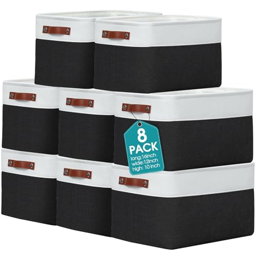 Uiifan 16 x 12 x 10 Inch 8 Pack Fabric Storage Baskets with Handles, Black - color: Black, size: 16 x 12 x 10 Inch
