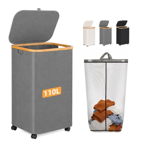 Slim Laundry Hamper with Wheels 110L with Removable Wash Bag Grey - color: Grey, size: 110L