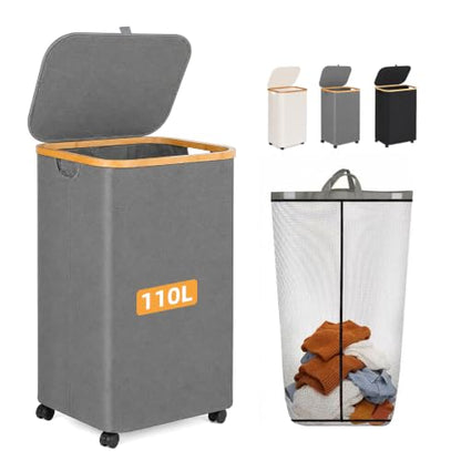 Slim Laundry Hamper with Wheels 110L with Removable Wash Bag Grey - color: Grey, size: 110L