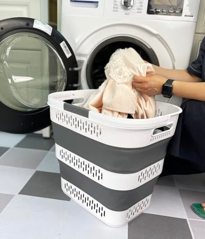 SAMMART 40L (10.5 Gallon) Collapsible Plastic Laundry Basket with Handles - Foldable Pop Up Storage Container/Organizer - Portable Laundry Hamper - Space Saving (1, White/Steel Grey) - color: White/Steel Grey