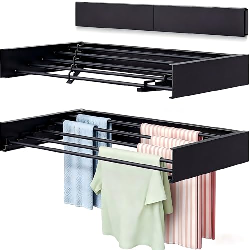 Wall Mounted Laundry Drying Rack, Carbon Steel Foldable & Retractable Clothes Drying Rack, Space Saving Adjustable Towel Holder for Bathroom, Laundry, Small Spaces (1, Black, 80cm) - color: Black, size: 31.5"