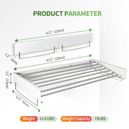 Heshecein Wall Mounted Drying Rack,Collapsible Drying Racks for Laundry,7 Stainless Steel Rods,Folding Indoor/Outdoor Drying Rack Clothing,Collapsible Laundry Drying Rack,47” Wide