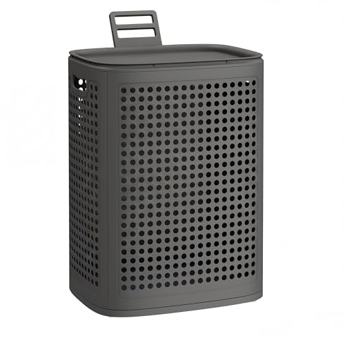 SONGMICS Laundry Hamper with Lid, 75 L Ventilated Basket, Cutout Handles - color: Dark Gray, size: Lid