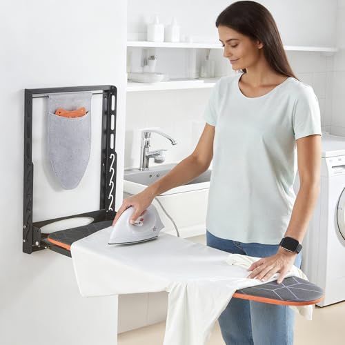 Seiritex Wall Mounted Ironing Board with Iron Holder, 42x14 Compact Mount Foldable Ironing Board for Small Spaces, Space Saving with Cotton Fabric Cover and Silicone Iron Rest - size: 14x42 inches
