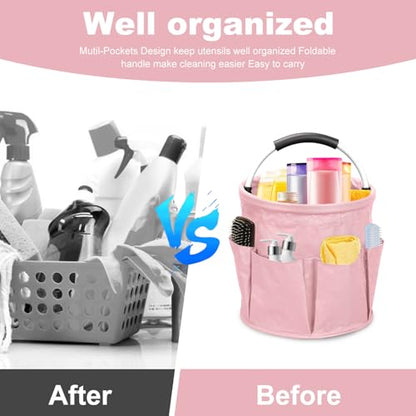 17L Cleaning Caddy with Handle, Foldable Cleaning Supply Caddy with 6 Pockets Cleaning Caddy Bag for Outdoor Camping Garden Harvest Basket Bathroom Storage (Pink) - color: Pink