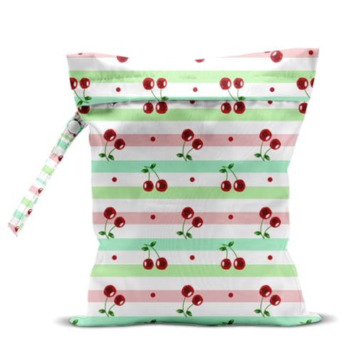 Wet Bag, Wet Dry Bag, Waterproof Swim Bags, Machine Washable Reusable Bags for Beach, Pool, Diapers, and Dirty Yoga Gym Clothes(Cherry & Stripe Pattern - color: Watercolor Cherry on Pink - Green Striped Base