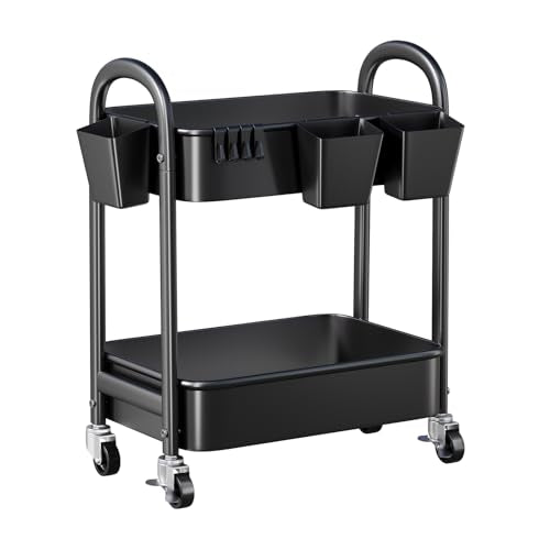 2 Tier Rolling Cart Metal on Wheels,Two Tiered Short Side Table with Wheels - color: Matte Black, size: 2 tier