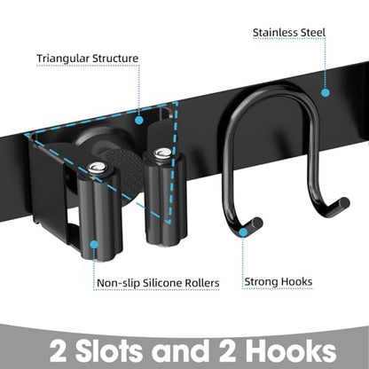 Broom Holder Wall Mount, 2-Pack Stainless Steel Mop and Broom Organizer, Broom Hanger with 2 Slots 2 Hooks for Home Kitchen, Garage, Garden and Laundry Room, Black - color: Black-2 Pack