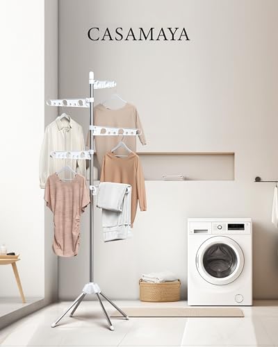 CASAMAYA Clothes Drying Rack Foldable, 70.9 inch Tripod Drying Rack for 35 Pieces of Clothes, with Height-Adjustable Rotatable Clothes Rails, Space Saving, Stainless Steel, White and Silver CDR005W01 - color: White + Silver, size: 5-Tier Standard