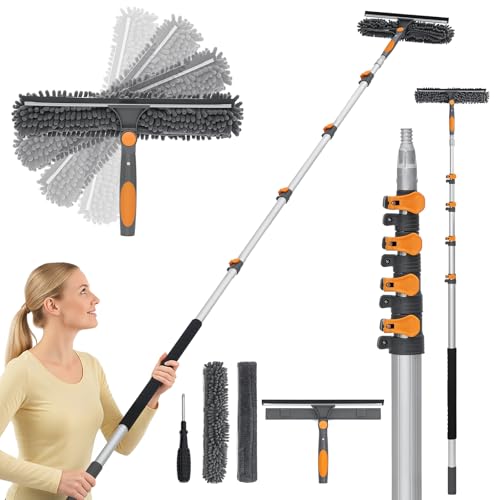 26Ft Window Squeegee with 5-19 FT Extension Poles, 2-in-1 Window Cleaning Kit with Telescopic Pole, Extra-Large 14" Window Squeegee Window Cleaner Tool with Adjustable Head, for High Window, Glass, RV - size: 19FT POLE