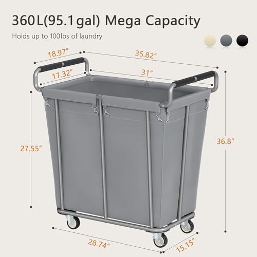 Gewudraw 360L Rolling Laundry Hamper with Wheels, 95 Gallons, Grey - color: Grey, size: 1-Section-360L
