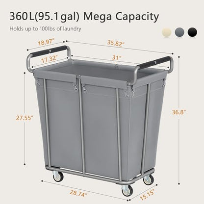 Gewudraw 360L Rolling Laundry Hamper with Wheels, 95 Gallons, Grey - color: Grey, size: 1-Section-360L