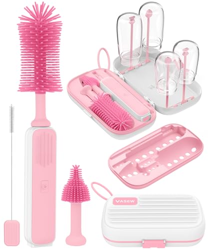 Electric Baby Bottle Brush Cleaner, Baby Travel Bottle Cleaner Kit- 2000mAh Rechargeable Silicone Brush, Drying Rack, Compact Storage Box, 360° Efficient Cleaning Bottle Brush for Home & On-The-Go - color: Pink