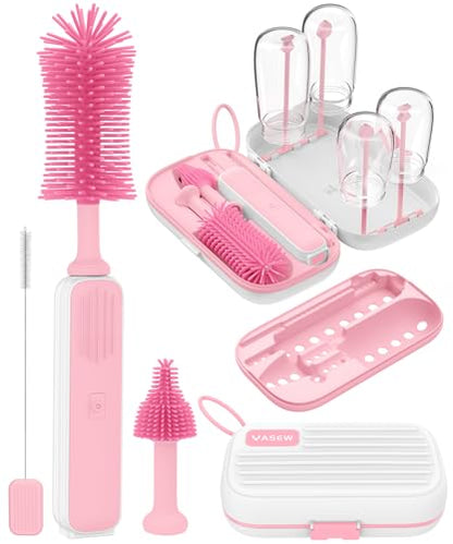 Electric Baby Bottle Brush Cleaner, Baby Travel Bottle Cleaner Kit- 2000mAh Rechargeable Silicone Brush, Drying Rack, Compact Storage Box, 360° Efficient Cleaning Bottle Brush for Home & On-The-Go - color: Pink