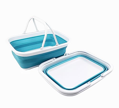 SAMMART 9.2L (2.37Gallon) Collapsible Tub with Handle - Portable Outdoor Picnic Basket/Crater - Foldable Shopping Bag - Space Saving Storage Container (2, White/Bright Blue) - color: White/Bright Blue