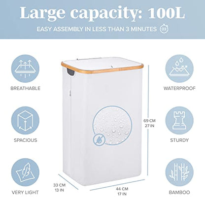 LONBET Laundry Basket with Lid, Made from Breathable Fabric | Aesthetic Clothes Hampers for Laundry with Side Handles & Sturdy Bamboo Frame (26 Gallons - Single, Light Gray) - color: Light Gray, style: 26 Gallons - Single