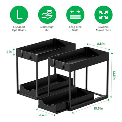 Ekisemio 2 Pack 2-Tier Under Sink Organizers with Sliding Drawer, Black