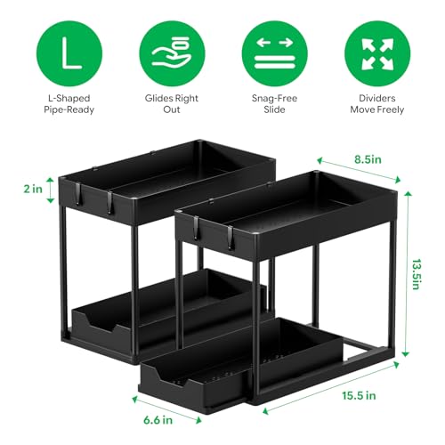 Ekisemio 2 Pack 2-Tier Under Sink Organizers with Sliding Drawer, Black