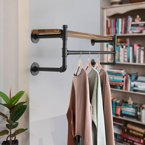 WEBI Wall Mounted Clothes Rack with Shelf,41.3" Long Industrial Pipe Clothing Rack with Shelves,Heavy Duty Iron Garment Rack Bar,Retail Display Clothes Rod for Clothes,Laundry Room,Black - color: Black, size: 41.3 Inch