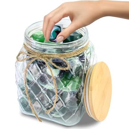 Glass Laundry Pods Container, Laundry Containers with Ropes & Wooden Lid - color: Glass Jar With Ropes& Wooden Lid