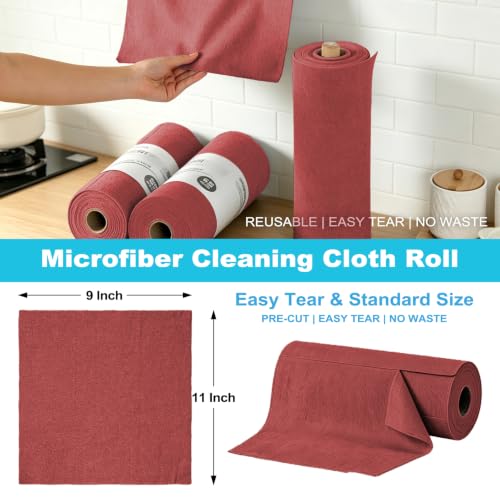 Puomue 55 Pack Microfiber Cleaning Cloth Roll, Tear Away Reusable Paper Towels, 11" x 9", Ultra Absorbent & Lint Free Microfiber Cloth for Cleaning Cars, Kitchen, Window, Home and Shop, Burgundy Red - color: Burgundy Red, size: 9”x11”-55PK