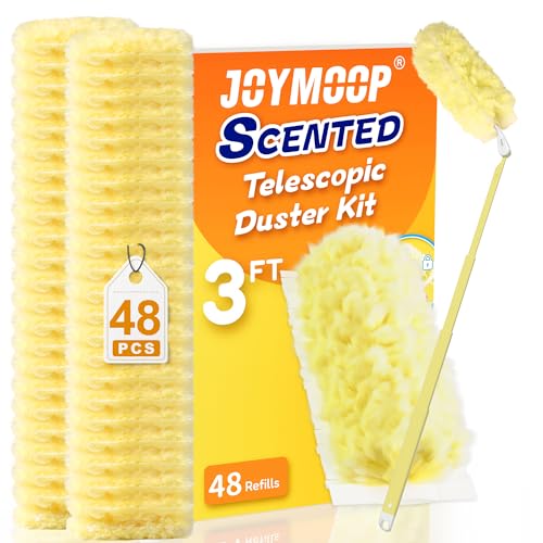 JOYMOOP Scented Telescopic Duster kit, 3FT Extendable Handle (Yellow) + 48 Yellow Refills for Swiffer Feather Duster,Easy Cleaning for Ceilings, Ceiling Fans, Blinds, Vents & Shelves - color: Yellow[extendablehandle]*1+yellow[refills]*48