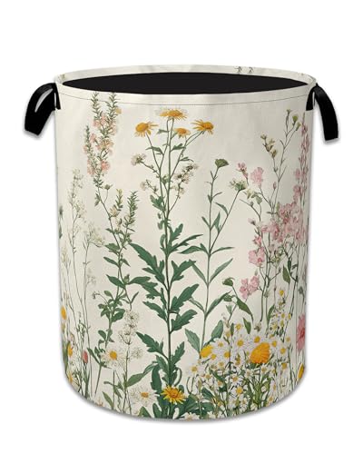 Wildflowers Laundry Hamper With Handle,Foldable Oxford Cloth Vintage Herb Flower Botanical Laundry Basket,20.8"x16" Clothes Storage Basket for Laundry Room/Bedroom/Bathroom - color: Wildflowers Vintage Herb Flower Botanical