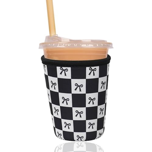 Reusable Insulated Sleeve for Iced Coffee Cup, Coffee Neoprene Sleeve for Cold & Hot Drinks, Beverage Holder for Iced Coffee (Black Checkered Bows, Small: 16-18oz) - color: Black Checkered Bows, size: Small: 16-18oz