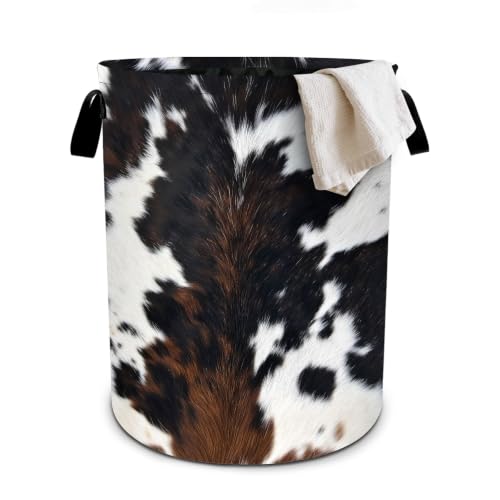 White Black Cowhide Laundry Basket Laundry Hamper With Handles Collapsible Laundry Baskets Storage Basket For Room Bathroom Bedroom Decor - color: White Cowhide