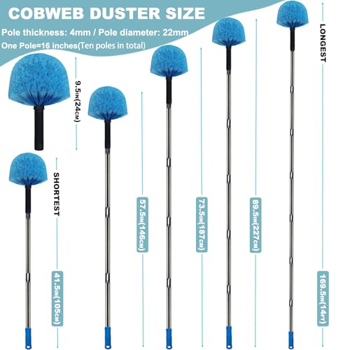 12 Ft Duster, Cobweb Duster with Extension Pole, Medium Stiff Bristles Cobweb Duster Head & 12-Feet Stainless Steel Pole Ceiling Fan Duster with Universal Joint for Outdoor Indoor Cleaning