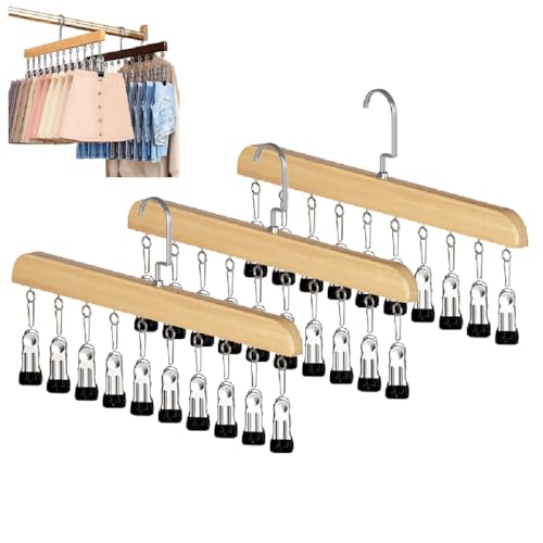 Hat Hangers for Closet,Space Saving Hanging Hats Organizer with 10 Clips,Wooden Legging Hangers 3 Pack,360° Rotating Closet Organizer for Pants, Skirts and Socks Storage (Set of 3,Natural) - color: Natural*3