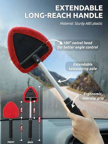 TAKAVU Window & Windshield Cleaner, Extendable, 3 Microfiber Pads (Red) - color: Red