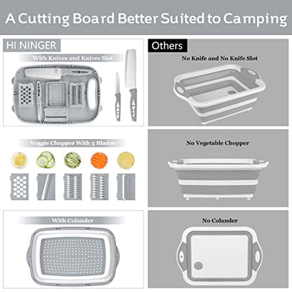HI NINGER Collapsible Cutting Board with Colander, 9-In-1 Multi Chopping Board Kitchen Vegetable Washing Basket for Camping Gifts Camping Accessories for RV Campers - color: Gray