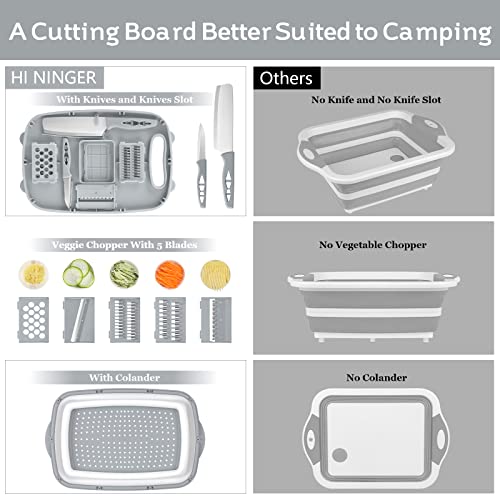 HI NINGER Collapsible Cutting Board with Colander, 9-In-1 Multi Chopping Board Kitchen Vegetable Washing Basket for Camping Gifts Camping Accessories for RV Campers - color: Gray