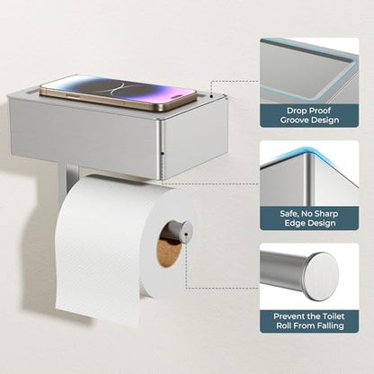 FORIOUS Toilet Paper Holder with Shelf, Wall-Mounted Modern Wipes Dispenser - color: Stainless Steel, size: Big 1 Pack-8" (L)