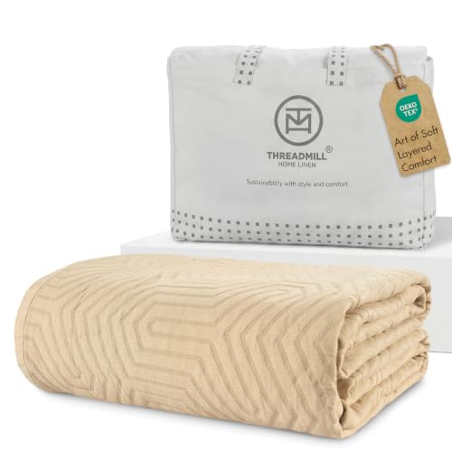 Threadmill Luxury Cotton Blankets for Twin Size Bed | All-Season 100% Cotton Twin Blanket for Bed | Aster Jacquard Lightweight, Soft & Cozy Coverlet, 350GSM, 68 x 90 inches | Beige - color: Aster Beige, size: Twin / Twin-XL