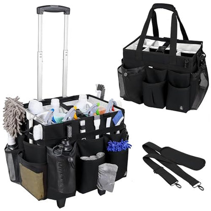Rolling Cleaning Caddy Bag Built-in Hard Plastic Sheet Detachable Trolley - color: Black