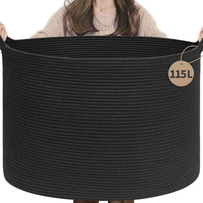 INDRESSME 115L Extra Large Woven Rope Blanket Basket Living Room, Black - color: Black, size: 23.6"D x 15.7"H