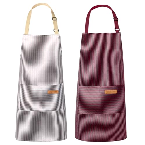 VALOME 2 Pack Kitchen Aprons with Pockets, Cooking Chef Apron for Men Women - color: Brown & Red