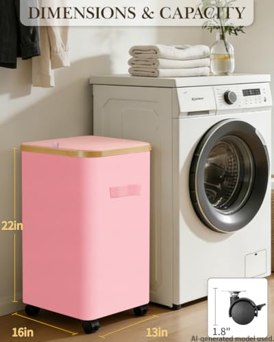 Laundry Hamper with Wheels, 75L Rolling Laundry Basket, Removable Inner Bag - color: Pink, size: 75L