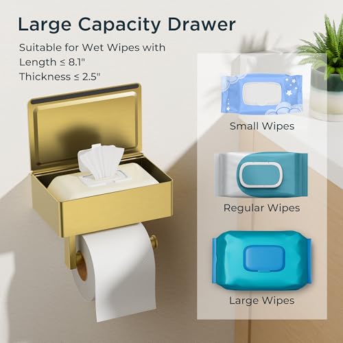 FORIOUS Toilet Paper Holder with Shelf, Wall-Mounted Modern Wipes Dispenser - color: Brushed Gold, size: Big 2 Pack-8" (L)