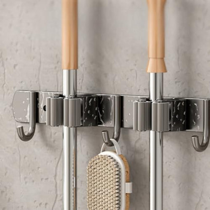 Mop and Broom Holder Wall Mount Metal Heavy Duty Stainless Steel Utility Hooks Mop Hanger Storage Rack Broom Organizer 2 Racks with 3 Hooks Garden Tool