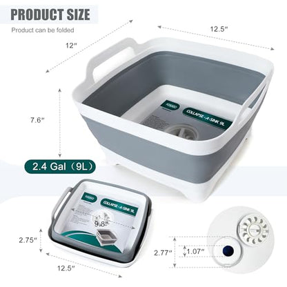FOSJGO Collapsible Dish Basin with Drain Plug, Foldable Sink, 2.4 Gal (9L) - color: Gray