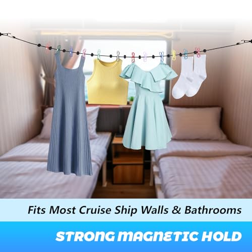 Magnetic Clothesline for Cruise Ship, Travel Clothesline with 12 Clothespins for Cruise Ship Essentials, Clothes Drying Rack with Strong Magnets Hooks and Storage Bag for Cruise Ship Cabin Outdoor