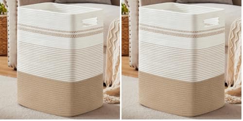80L Large Cotton Rope Laundry Basket for Bedroom & Laundry Room, Tall Clothes Hamper with Sturdy Handles, Neutral Storage Bin Capable of Holding Blankets and Toys (Pack of 2) - color: Jute & White, size: 80L (Pack of 2)